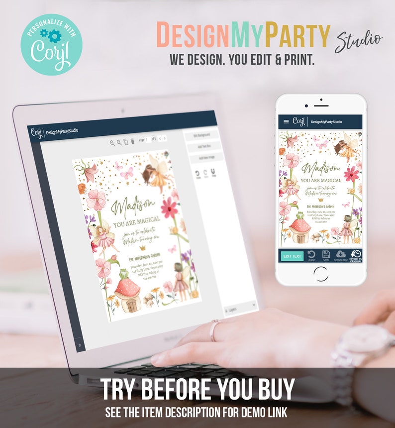 May include: A digital design template for a fairy-themed birthday party invitation. The invitation features a watercolor illustration of fairies, flowers, and a mushroom house. The text on the invitation reads "Madison You Are Magical".