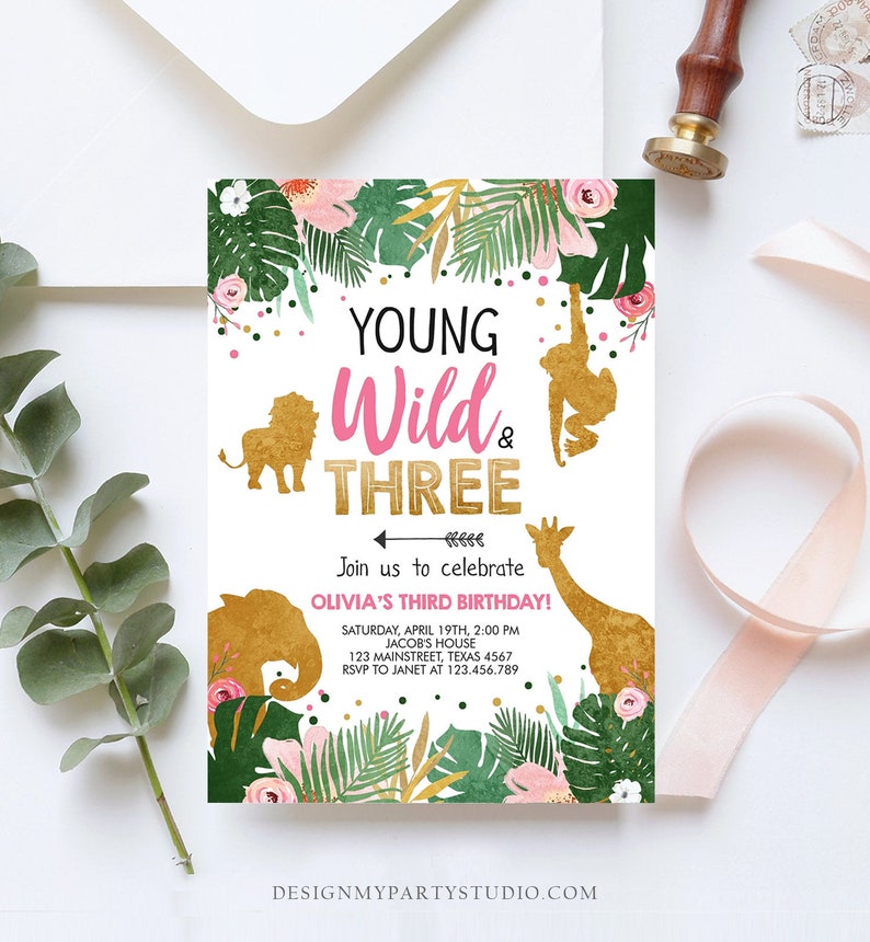 Editable Young Wild and Three Birthday Invitation Animals Invite Party Jungle Safari Pink Gold Download Printable Template Corjl 0016