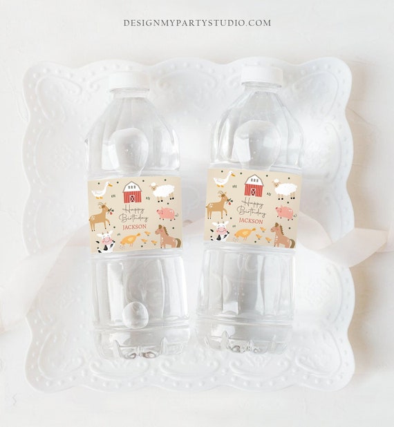 20 Farm Animals Birthday Party Water Bottle Labels - Waterproof Ink, Personalized Names