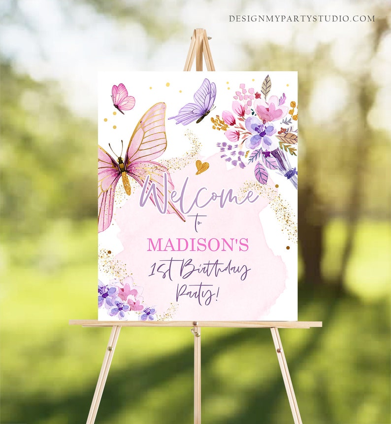 Editable Butterfly Welcome Sign Butterfly Birthday Party Butterfly Party Garden Girl Pink Gold Floral Purple Digital Template Printable 0437 image 1