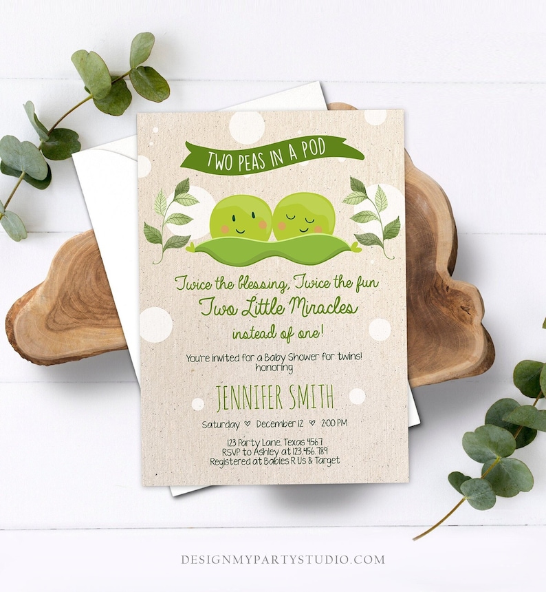 May include: A baby shower invitation with a green pea pod design. The text reads "Two Peas in a Pod" and "Twice the blessing, Twice the fun Two Little Miracles instead of one!" The invitation is for Jennifer Smith and includes the date, time, and location of the shower. RSVP information and registry details are also included.