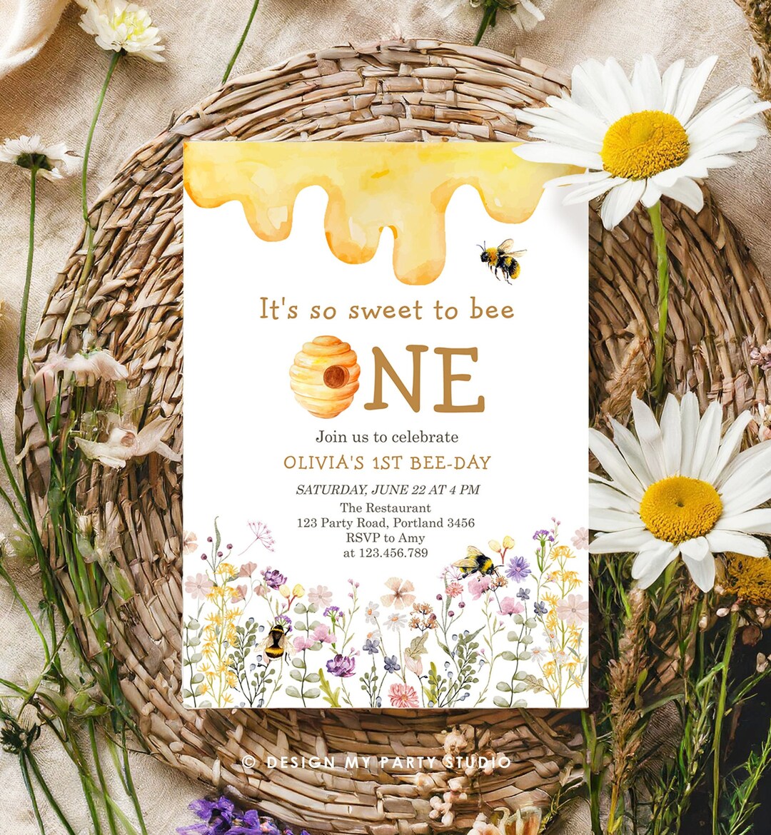 Editable Sweet to Bee One Invitation First Bee-day Party 1st Bee Day ...