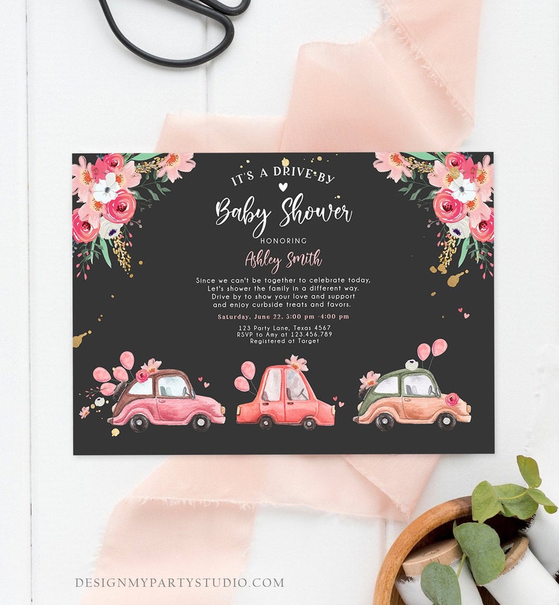 Editable Drive by Baby Shower Invitation Pink Girl Baby Shower Etsy