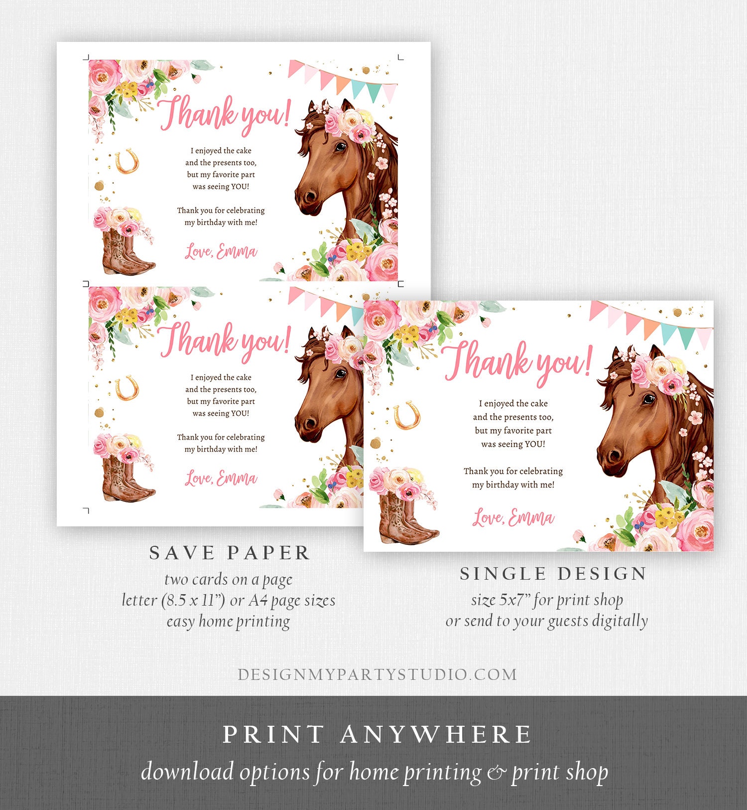 Editable Horse Thank You Card Note Girl Birthday Party Cowgirl | Etsy