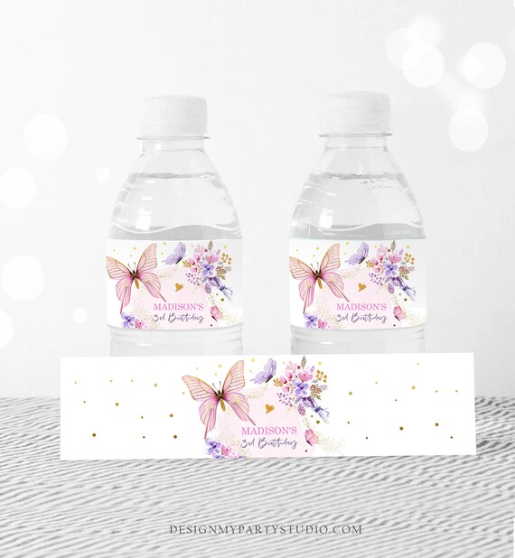 Editable Butterfly Water Bottle Label Girl Floral Butterfly Etsy UK