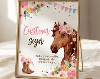 Puede incluir: Un letrero con marco dorado que muestra un caballo marrón con una corona de flores, flores rosas y amarillas, botas vaqueras marrones y banderines coloridos. El texto dice Custom sign, Add any text you like, Design & print unlimited signs.