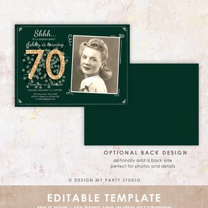 Peut inclure: Invitation &agrave; une f&ecirc;te surprise pour un 70e anniversaire, avec un fond vert et or et un espace r&eacute;serv&eacute; pour une photo. Le texte indique "Shhh... C'est une f&ecirc;te surprise ! Ashley a 70 ans. Rejoignez-nous pour c&eacute;l&eacute;brer Samedi 12 d&eacute;cembre, 14h00 123 Party Lane, Texas 4567 RSVP &agrave; Ashley au 123.456.789 ou Ashley@gmail.com"