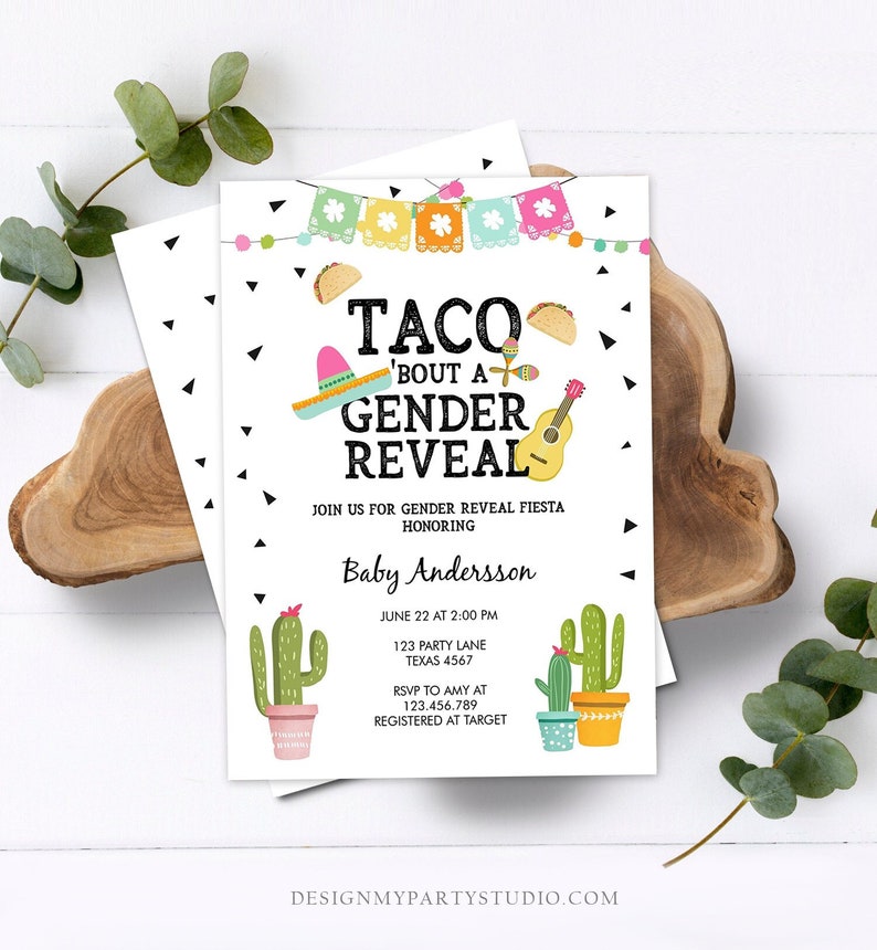 Editable Taco Bout a Gender Reveal Invitation Cactus Mexican Fiesta He or She Boy or Girl Party Download Printable Corjl Template 0161 image 1