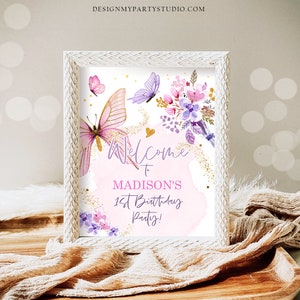 Editable Butterfly Welcome Sign Butterfly Birthday Party Butterfly Party Garden Girl Pink Gold Floral Purple Digital Template Printable 0437 image 3