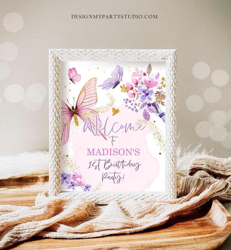 Editable Butterfly Welcome Sign Butterfly Birthday Party Butterfly Party Garden Girl Pink Gold Floral Purple Digital Template Printable 0437 image 3