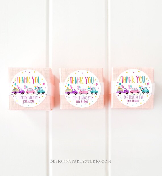 Editable Drive By Favor Tag Drive By Birthday Parade Thank You Gift Tags Quarantine Pink Car Girl Round Square Sticker Corjl Template 0333 Il_570xn
