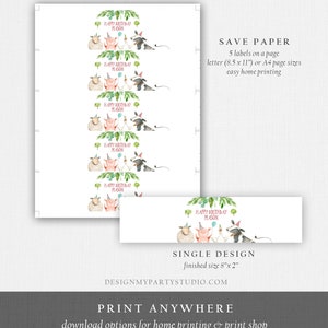 May include: Printable labels featuring a watercolor illustration of a pig, sheep, and cow wearing party hats and holding balloons. The text "Happy Birthday Mason" is written in pink on a white background. The labels are designed for easy home printing and measure 8 inches by 2 inches.