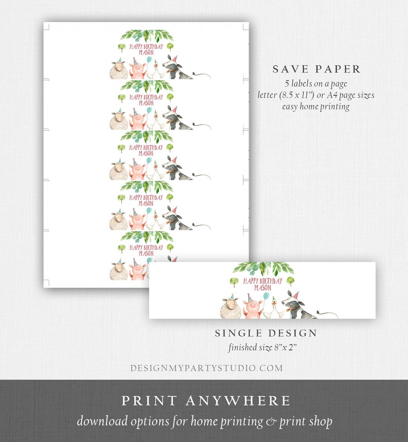 May include: Printable labels featuring a watercolor illustration of a pig, sheep, and cow wearing party hats and holding balloons. The text "Happy Birthday Mason" is written in pink on a white background. The labels are designed for easy home printing and measure 8 inches by 2 inches.