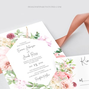 Editable Botanical Flowers Wedding Invitation Suite Set Watercolor Peony Pink Floral RSVP Details Boho Digital Corjl Template Printable 0167 image 3