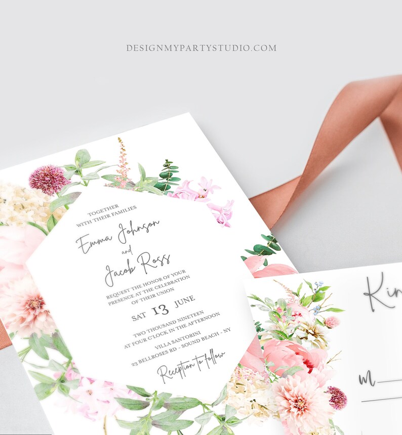 Editable Botanical Flowers Wedding Invitation Suite Set Watercolor Peony Pink Floral RSVP Details Boho Digital Corjl Template Printable 0167 image 3