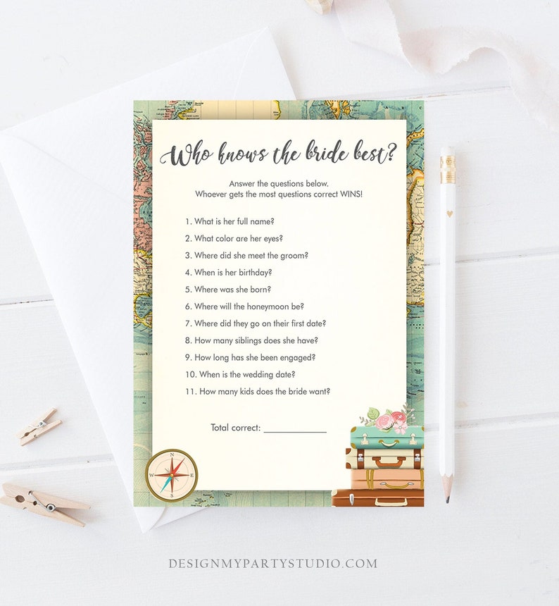 May include: A printable bridal shower game with a vintage travel theme. The game asks guests to answer questions about the bride, such as her full name, eye color, and birthday. The game includes a space for guests to write down their answers and a section to tally the total number of correct answers. The game is designed to be printed on a standard 8.5 x 11 inch sheet of paper.