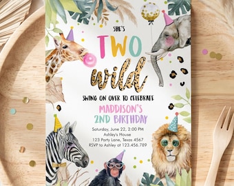 Editable Birthday Invitation Girl Born Two Be Wild Party Animals Invite Safari Zoo Birthday Download Printable Template Digital Corjl 0417