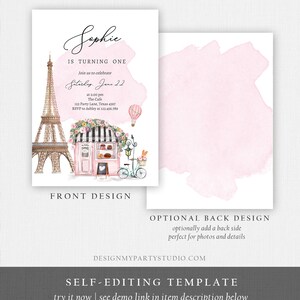 Pode incluir: Um convite imprim&iacute;vel rosa e branco com um fundo de aquarela. O convite apresenta um desenho da Torre Eiffel, uma padaria e uma bicicleta. O texto do convite diz: "Sophie est&aacute; fazendo um ano. Junte-se a n&oacute;s para celebrar no s&aacute;bado, 22 de junho &agrave;s 14:00 The Cafe 123 Party Lane, Texas 4567 RSVP para Ashley no 123.456.789".