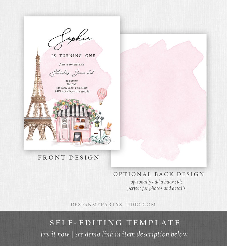 Pode incluir: Um convite imprim&iacute;vel rosa e branco com um fundo de aquarela. O convite apresenta um desenho da Torre Eiffel, uma padaria e uma bicicleta. O texto do convite diz: "Sophie est&aacute; fazendo um ano. Junte-se a n&oacute;s para celebrar no s&aacute;bado, 22 de junho &agrave;s 14:00 The Cafe 123 Party Lane, Texas 4567 RSVP para Ashley no 123.456.789".
