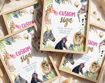 Party Animals Custom Sign, Safari Zoo Wild One Birthday Table Decor, Editable Printable 0417