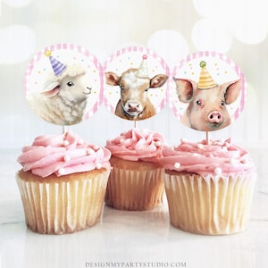 Barnyard Birthday Cupcake Toppers Favor Tags Farm Birthday Party Decoration Girl Farm Animals Pink Stickers Digital Download Printable 0448