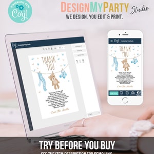 May include: A digital screen displaying a thank you card with a teddy bear wearing a blue and white striped sock and a blue bow tie. The card has the text "Thank You" and "Love The Smiths".