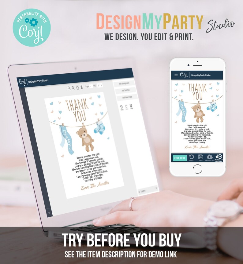 May include: A digital screen displaying a thank you card with a teddy bear wearing a blue and white striped sock and a blue bow tie. The card has the text "Thank You" and "Love The Smiths".