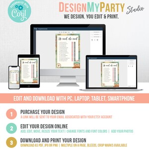May include: A digital mockup of a printable "He said, she said" game with a travel theme. The game is shown on a computer screen, tablet, and smartphone. The game features a vintage map background with a compass, luggage, and a mustache and lipstick graphic. The text "DESIGNMYPARTY Studio" is at the top of the image. The text "WE DESIGN. YOU EDIT & PRINT." is below the studio name. The text "EDIT AND DOWNLOAD WITH PC, LAPTOP, TABLET, SMARTPHONE" is below the mockups. The text "PURCHASE YOUR DESIGN" is in a yellow circle with the number 1. The text "EDIT YOUR DESIGN ONLINE" is in a green circle with the number 2. The text "DOWNLOAD AND PRINT YOUR DESIGN" is in a gold circle with the number 3.