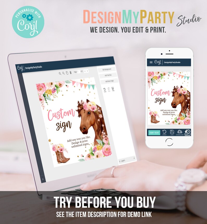 May include: A computer screen displaying a design template for a custom sign with a horse and floral design. The text on the screen reads "Custom sign" and "Add any text you like. Design & print unlimited signs."
