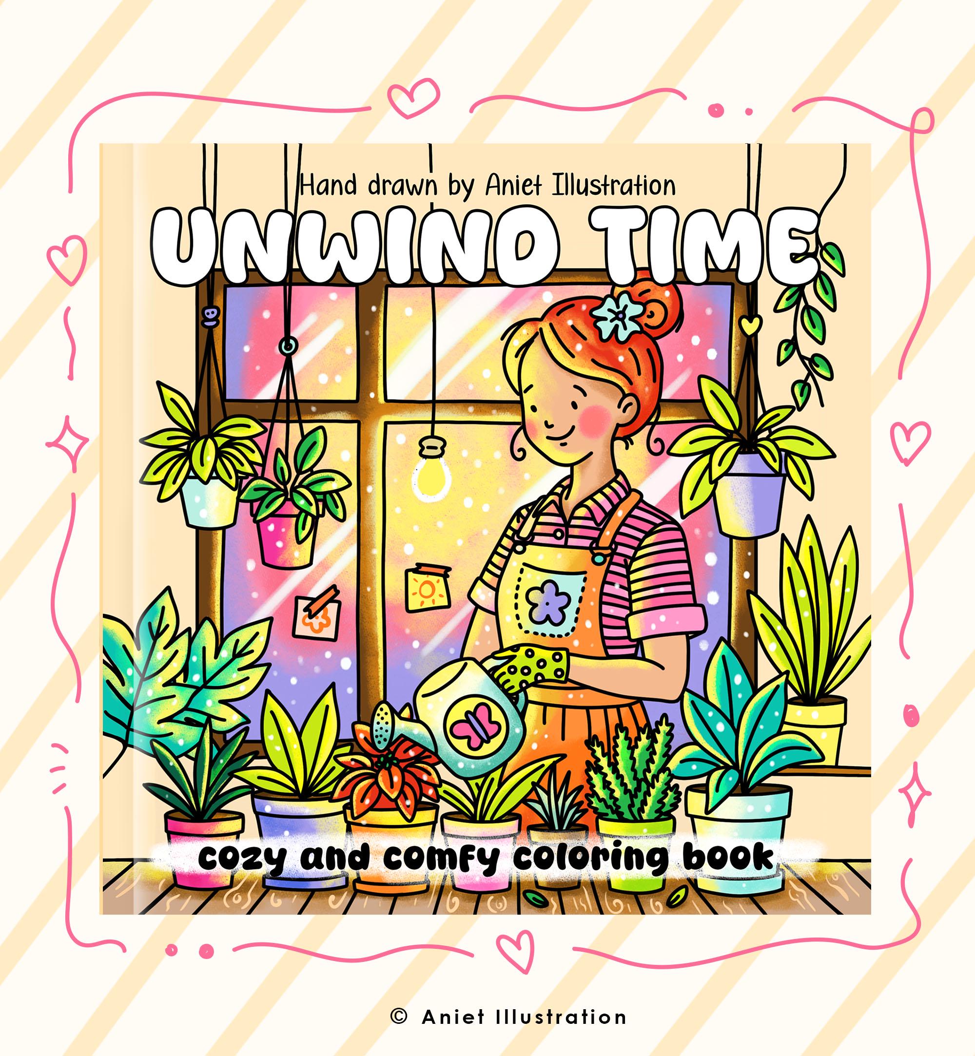 Páginas de colorir para adultos fofas e confortáveis – Conjunto Girl Life, traços grossos e fáceis (10 PDFs imprimíveis) Download instantâneo