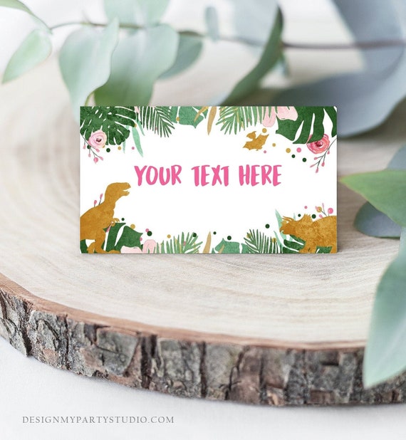 Editable Dinosaur Food Labels Dinosaur Party Place Card Tent Card Escort Card Pink Girl Gold Green Dino Birthday T-Rex Corjl Template 0146 Il_570xn