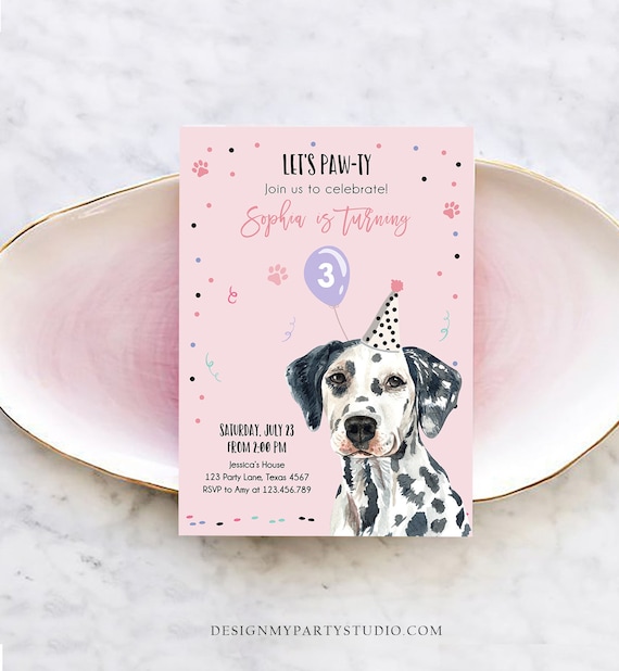 Editable Dog Birthday Party Invitation Dalmatian Birthday Invite Pink Girl Come Sit Stay Party Animal Download Printable Template Corjl 0384 Il_570xn