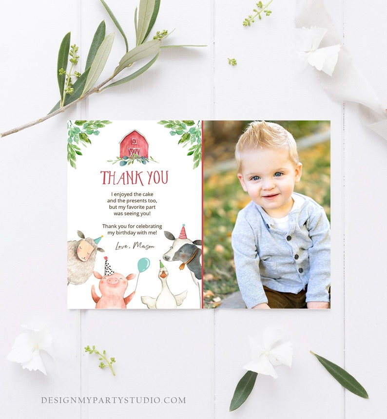 Editable Farm Animals Thank You Card Red Gingham Farm Birthday Boy ...