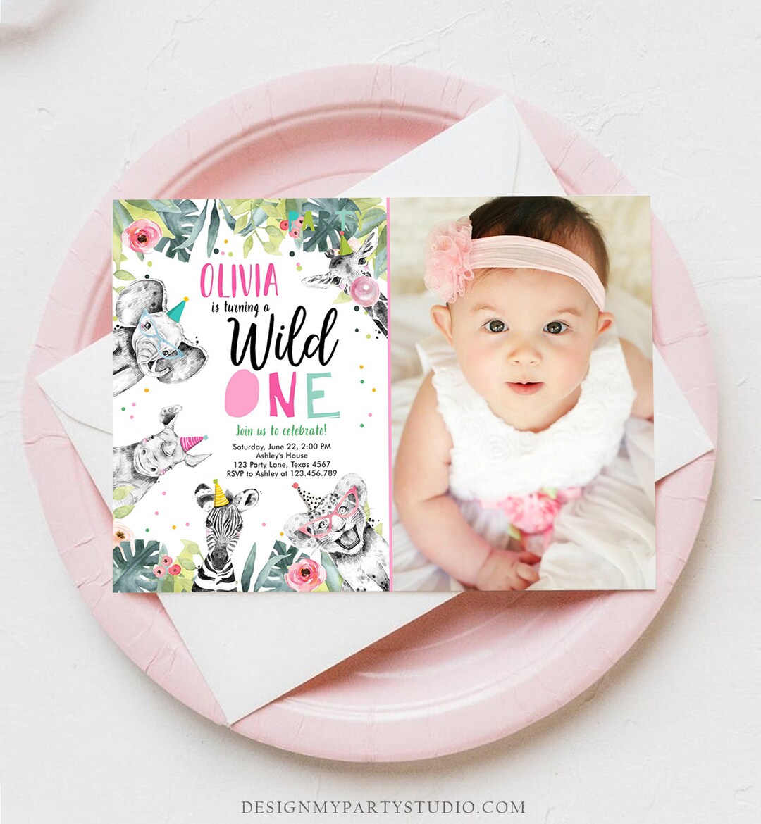 Editable Wild One Birthday Invitation Girl Safari Animals Etsy
