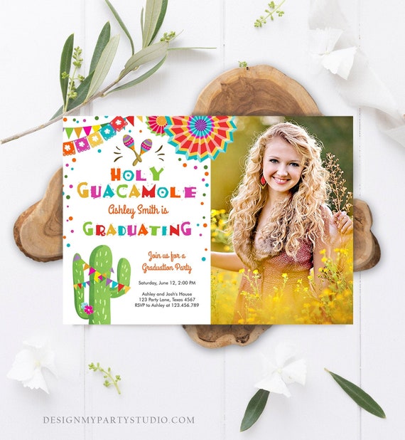 Editable Holy Guacamole Graduation Party Invitation Cactus Let's Fiesta Grad Mexican Graduate Graduating College School Corjl Template 0045 Il_570xn