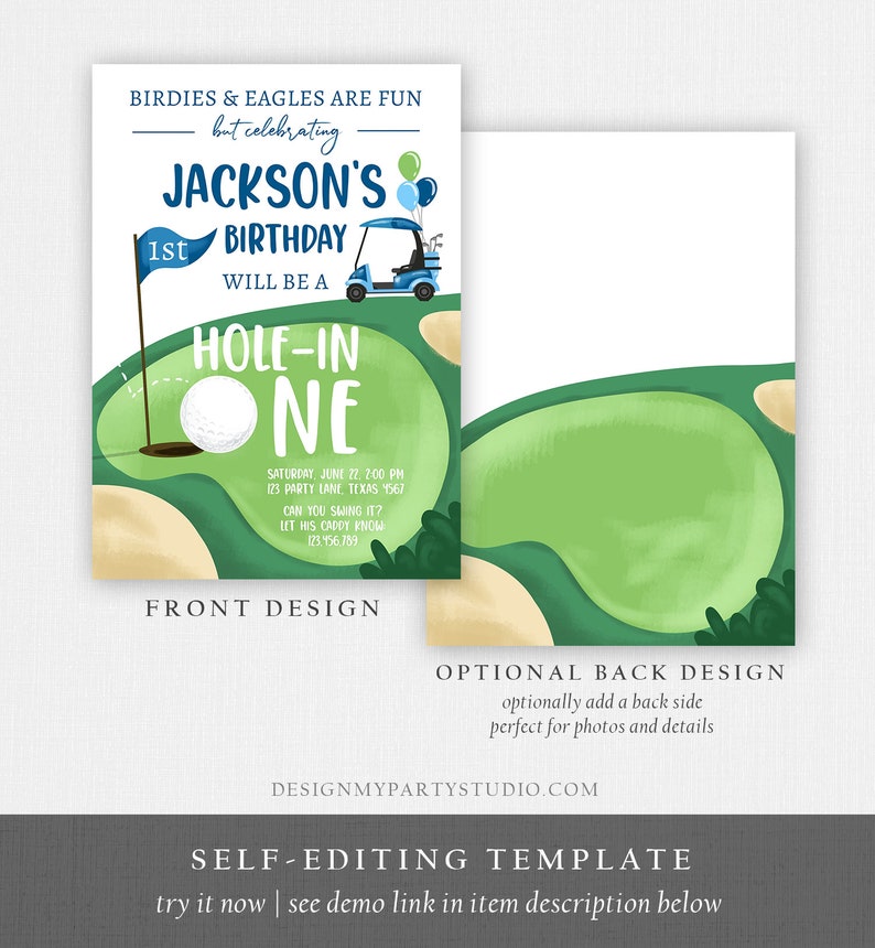 Editable Hole in One Birthday Invitation Golf First Birthday Par-tee Golf Invite Boy Golfing Download Printable Template Digital Corjl 0405 image 7