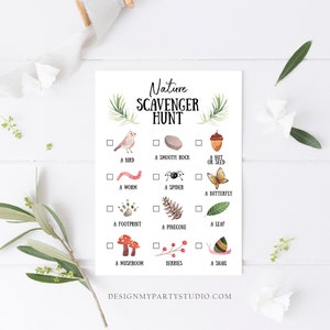 May include: A printable nature scavenger hunt checklist with illustrations of a bird, smooth rock, nut or seed, worm, spider, butterfly, footprint, pinecone, leaf, mushroom, berries, and snail. The checklist has boxes to check off each item found.