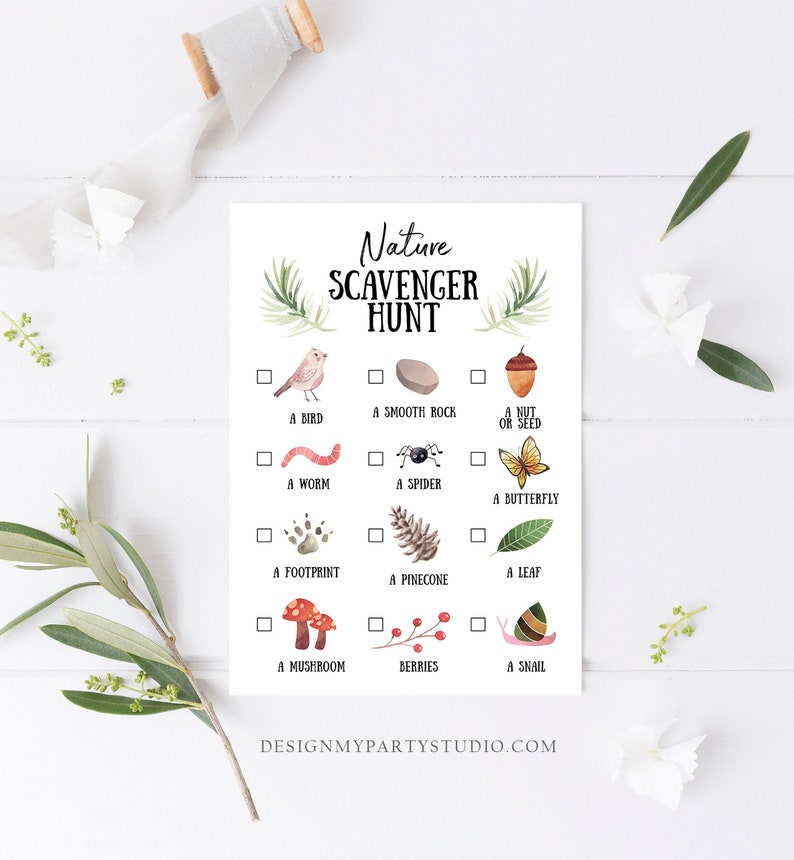 May include: A printable nature scavenger hunt checklist with illustrations of a bird, smooth rock, nut or seed, worm, spider, butterfly, footprint, pinecone, leaf, mushroom, berries, and snail. The checklist has boxes to check off each item found.