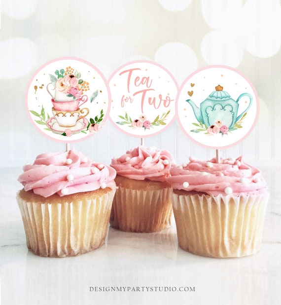 Tea Party Cupcake Toppers Tea Birthday Cupcake Toppers Favor Tag Girl Tea For Two Whimsical Floral Pink Gold Download Digital PRINTABLE 0349 Il_570xn