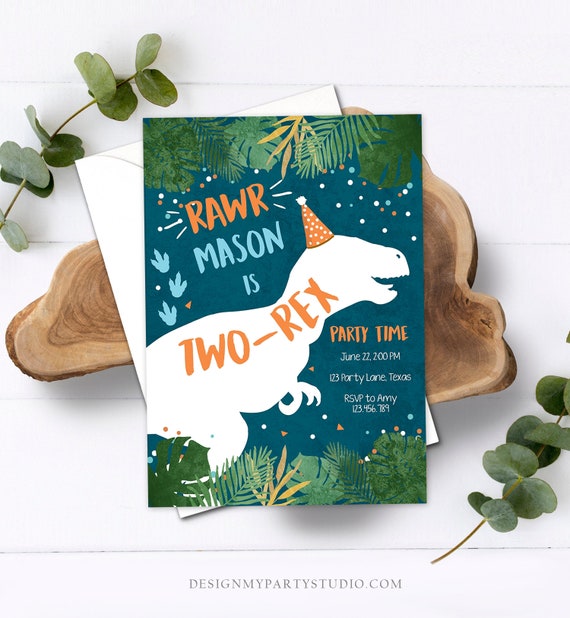 Editable Two-Rex Dinosaur Birthday Invitation Dino T-Rex Boy Second Birthday 2nd RAWR ROAR Blue Orange Prehistoric Corjl Template 0378 Il_570xn