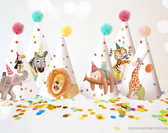 Party Hats Party Animals Birthday Party Birthday Safari Animals Lion Elephant Zebra Giraffe Slot Tiger DIY Digital Download Printable 0482