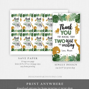 May include: A set of printable thank you cards with a jungle theme. The cards feature gold animal silhouettes, green foliage, and the text "Thank You for making today two wild and exciting." The design includes a single card and a sheet of ten tags.