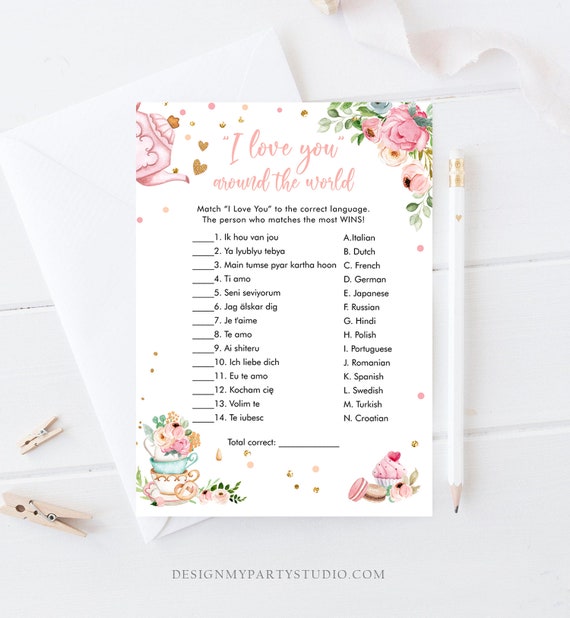Editable I Love You Around the World Bridal Shower Game Greenery Tea Party Love is Brewing Pink Watercolor Corjl Template Printable 0349 Il_570xn