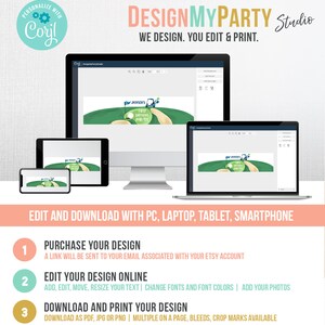 Puede incluir: Una pantalla de ordenador muestra una pancarta verde y blanca con tem&aacute;tica de golf con el texto "JACKSON'S FIRST BIRTHDAY PAR-TIE". La pancarta se est&aacute; editando en un programa de dise&ntilde;o. El texto "DESIGNMYPARTY Studio" est&aacute; en la parte superior de la imagen. El texto "WE DESIGN. YOU EDIT & PRINT." est&aacute; debajo del texto "DESIGNMYPARTY Studio". El texto "EDIT AND DOWNLOAD WITH PC, LAPTOP, TABLET, SMARTPHONE" est&aacute; debajo de la pantalla del ordenador. El texto "PURCHASE YOUR DESIGN", "EDIT YOUR DESIGN ONLINE" y "DOWNLOAD AND PRINT YOUR DESIGN" est&aacute;n listados en una lista numerada debajo del texto "EDIT AND DOWNLOAD WITH PC, LAPTOP, TABLET, SMARTPHONE".