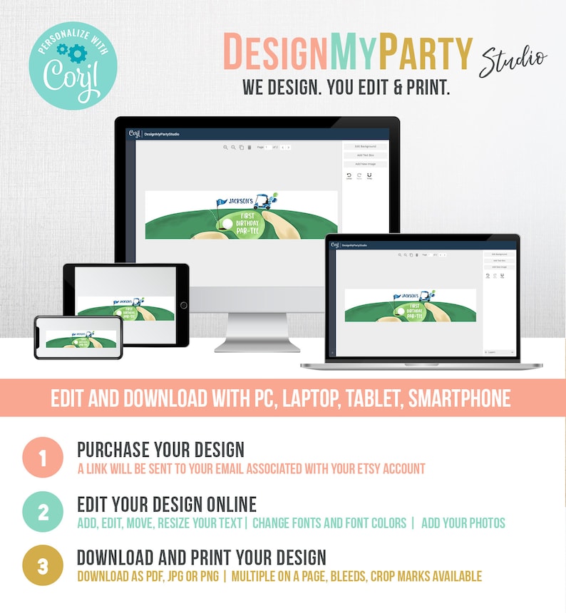 Puede incluir: Una pantalla de ordenador muestra una pancarta verde y blanca con tem&aacute;tica de golf con el texto "JACKSON'S FIRST BIRTHDAY PAR-TIE". La pancarta se est&aacute; editando en un programa de dise&ntilde;o. El texto "DESIGNMYPARTY Studio" est&aacute; en la parte superior de la imagen. El texto "WE DESIGN. YOU EDIT & PRINT." est&aacute; debajo del texto "DESIGNMYPARTY Studio". El texto "EDIT AND DOWNLOAD WITH PC, LAPTOP, TABLET, SMARTPHONE" est&aacute; debajo de la pantalla del ordenador. El texto "PURCHASE YOUR DESIGN", "EDIT YOUR DESIGN ONLINE" y "DOWNLOAD AND PRINT YOUR DESIGN" est&aacute;n listados en una lista numerada debajo del texto "EDIT AND DOWNLOAD WITH PC, LAPTOP, TABLET, SMARTPHONE".