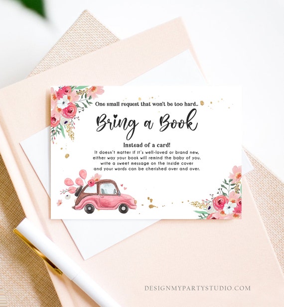 Editable Drive By Bring a Book Card Baby Shower Pink Floral Girl Drive Through Book Request Baby Book Insert Ticket Corjl Template 0335 Il_570xn