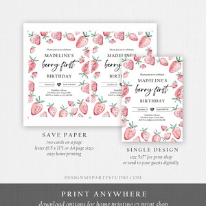 May include: Printable invitation for a first birthday party with a strawberry theme. The invitation features a watercolor illustration of strawberries and the text "Madeline's Berry First Birthday".