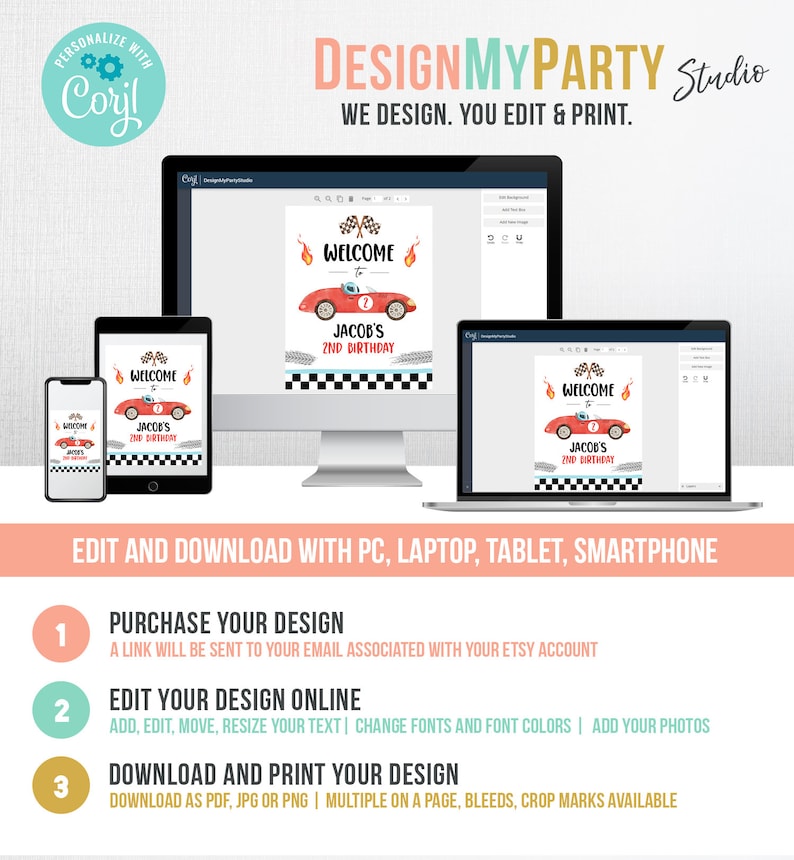 May include: Editable printable welcome sign for a 2nd birthday party with a red race car and checkered flag design. The sign says "Welcome to Jacob's 2nd Birthday".