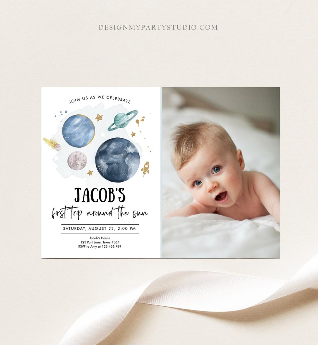 Editable Outer Space First Birthday Invitation Galaxy Blast off First ...