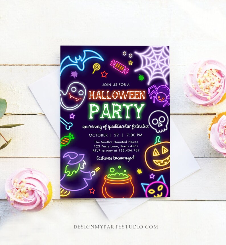 May include: A Halloween party invitation with neon-style illustrations of a bat, ghost, spider, skull, pumpkin, and witch. The invitation text reads "Join us for a Halloween Party" with the date, time, and RSVP information. Costumes are encouraged.